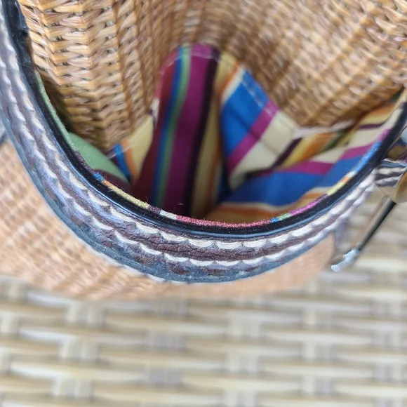 Fossil Bag Satchel Tan Straw Material Brown Leather Shoulder Strap Key Charm - Picture 15 of 16